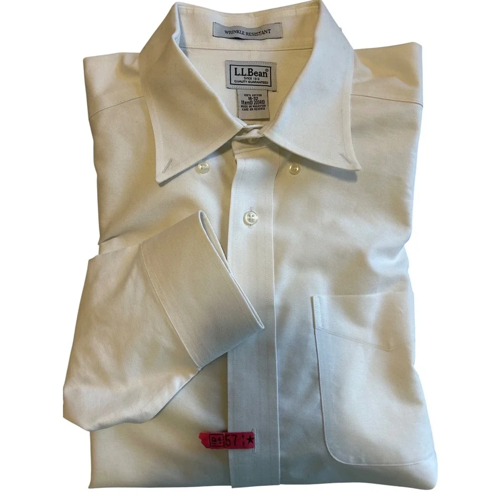 LL Bean Mens White Wrinkle Resistant Cotton Oxford Button Down Shirt 16-32 20941 - Picture 9 of 11